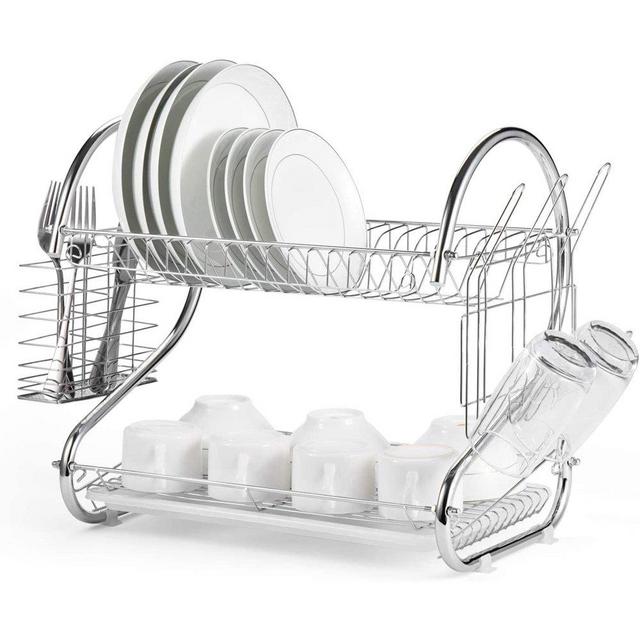 Glotoch Dish Drying Rack, 2 Tier Dish Rack with Utensil Holder, Cup Holder and Dish Drainer for Kitchen Counter Top, Plated Chrome Dish Dryer Silver 16.5 x 10 x 15 inch