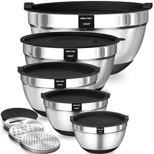 Umite Chef Mixing Bowls with Airtight Lids, 8PCS Stainless Steel Nesting Mixing Bowls Set, 3 Grater Attachments & Non-Slip Bottoms, Black Kitchen Bowls, Size 5, 4, 3.5, 2, 1.5QT for Baking & Serving