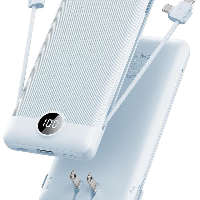 VRURC Portable Charger Built-in Cables and AC Wall Plug, USB C Power Bank 10000mAh, [2023 Upgraded Version] Phone Charger Compact Lightweight External Battery Pack for Smart Phones, Tablets etc-Blue