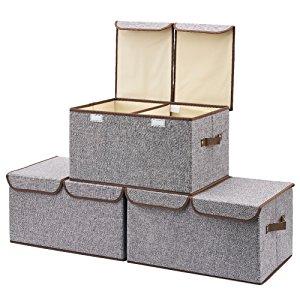 Large Storage Boxes [3-Pack] EZOWare Large Linen Fabric Foldable Storage Cubes Bin Box Containers with Lid and Handles - Gray For Home, Office, Nursery, Closet, Bedroom, Living Room
