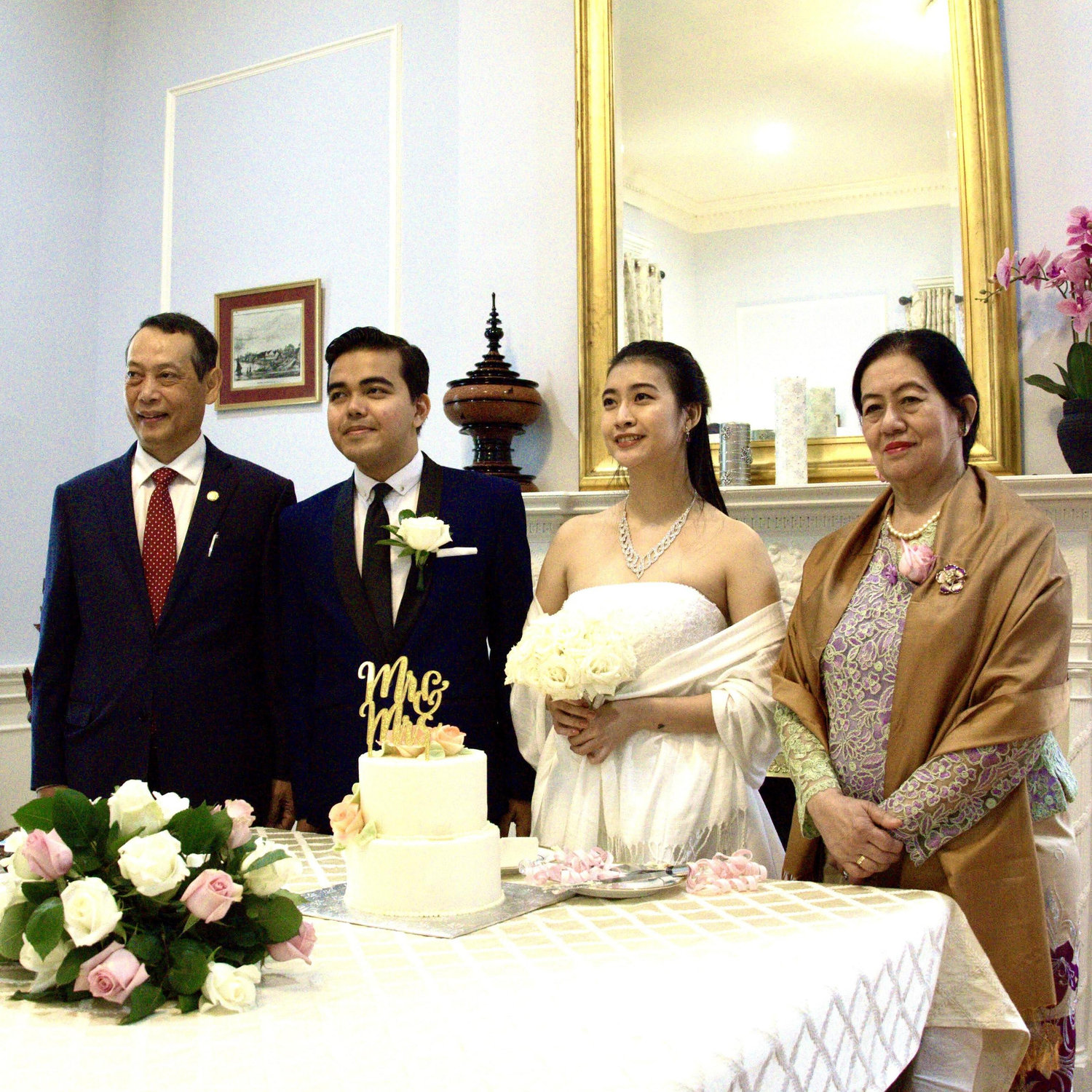 Myanmar Ambassador to the U.S. U Aung Lynn and spouse Daw Kaythi Kyi Wynn, who in the ambassador’s capacity, signed and officially sealed our Marriage Certificates in accordance with Myanmar law.