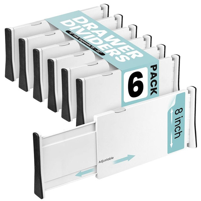 RAPTUROUS 8" Tall Drawer Dividers, 6-Pack, Adjustable 13.35-22", Strong Non-Slip Organizers for Dresser, Kitchen, and Clothing (White)