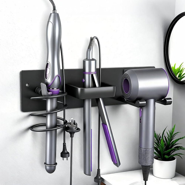 Dovyn Blow Dryer Holder Wall Mount, 3 in 1 Bathroom Hair Tool Organizer with Curling Iron Holder & Flat Iron Holder, Universal Hair Dryer Holder Rack Storage Matte Black