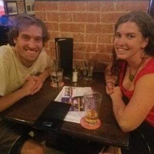 May 2018: Our first photo together after losing at bar trivia in Denver