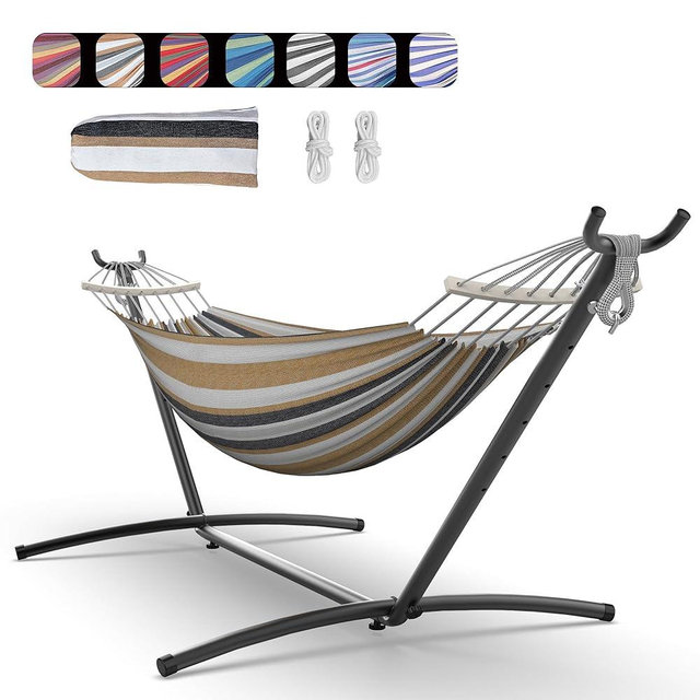 Everyfun Double Hammock with Space-Saving Steel Stand, 2 Person Heavy-Duty Hammock for Garden, Yard or Outdoor, 600lbs Capacity, Coffee
