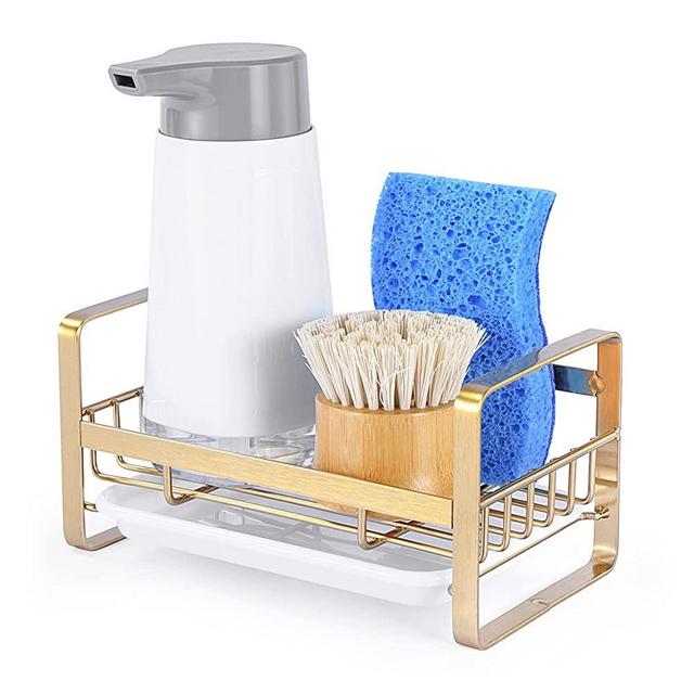 HULISEN Kitchen Sink Sponge Holder, 304 Stainless Steel Kitchen Soap Dispenser Caddy Organizer, Countertop Soap Dish Rack Drainer with Removable Drain Tray, not Including Dispenser and Brush, Gold