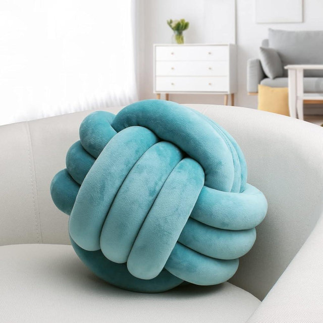 KOGITI Soft Knot Ball Pillows,Round Throw Pillow Cushion Home Decoration,Knotted Pillow Handmade Round Plush Pillow (8.6 Inch, Darkcyan)