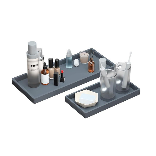 BBK Bathroom Vanity Tray- 2 Pack (7.8" and 11.8") Silicone Bathroom Tray for Counter, Perfume Key Trinket Ring Tray, Decor Soap Dispenser Countertop Tray for Kitchen Sink Organization.(Gray)