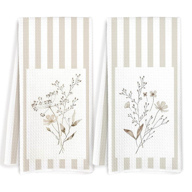 JOQUXI Boho Neutral Botanical Floral Kitchen Towels, Cottagecore Flower Botanical Beige Striped Decorative Hand Tea Towels for Bathroom, Farmhouse Floral Dish Towel Dishcloth, 16x24 Inch Set of 2