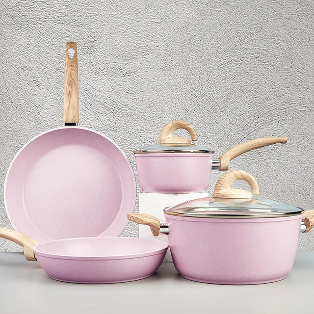 Vkoocy Pots and Pans Set Non Stick, Ceramic Cookware Set with Granite Pattern, Induction Kitchen Cooking Sets w/Frying Pans, Saucepans, Casserole with Lids, Non-Toxic, PTFE/PFOA/PFOS-Free, Pale Pink
