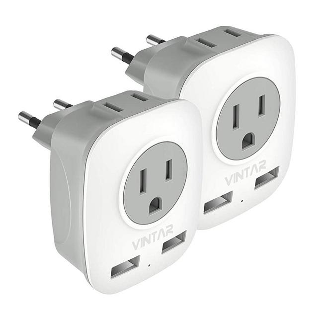 [2-Pack] European Adapter, VINTAR International Power Adaptor with 2 USB Ports,2 American Outlets- 4 in 1 European Plug Adapter for France, Germany, Greece, Italy, Israel, Spain (Type C)