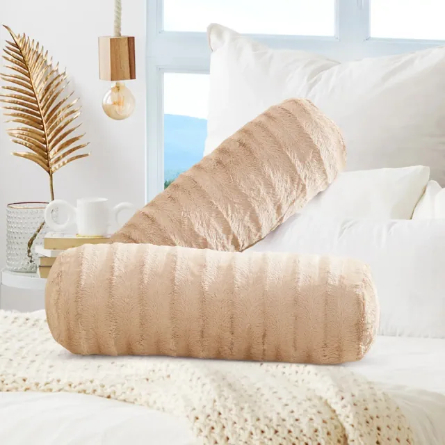 Cheer Collection Decorative Faux Fur Bolster Pillows Set of 2 - Sand