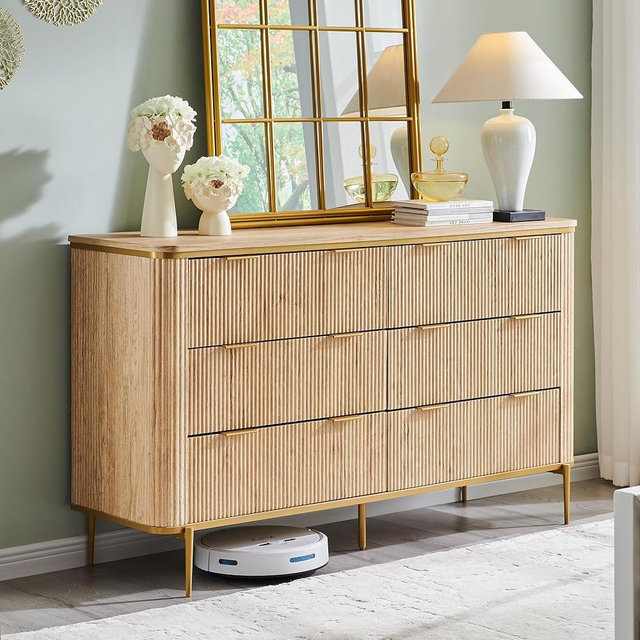 T4TREAM Fluted 6 Drawers Dresser for Bedroom, 54" Wide Modern Dresser TV Stand, Gold Accents, Fluted Fronts, Wood Storage Dressers Organizer for Bedroom, Living Room, Natural Oak