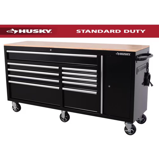 Husky Standard Duty 72 in. W x 20 in. D 10-Drawer Gloss Black Mobile Workbench Cabinet with Solid Wood Top H72MWC10BLK-TL