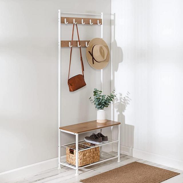 Honey-Can-Do Entryway Hall Tree with Bench and Shoe Storage, White/Walnut SHF-09603 White
