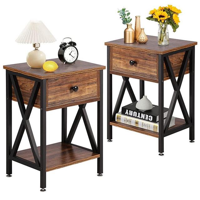 VECELO Modern X-Design Night Stand, Versatile Nightstands, End Table with Drawer &Storage Shelf, 2 PCS, Vintage Brown