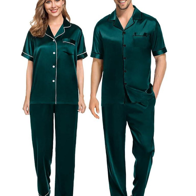 SWOMOG Couples Pajamas Sets Women & Men Satin Short Sleeve Sleepwear Button Down Loungewear Pjs Set with Long Pants