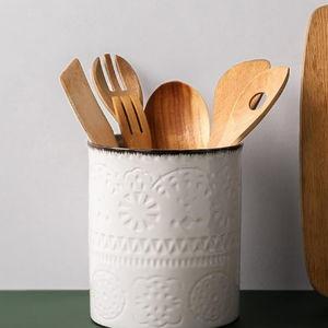 DOWAN 7.2" Kitchen Utensil Holder, Extra Large Farmhouse Utensil Holders for Countertop, Ceramic Utensil Crock, Anti Slip Cork Bottom (White, 7.2 Inch)