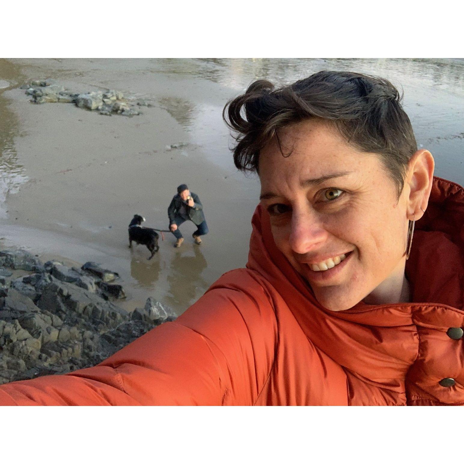 Walking the beach in Oregon with Cally.