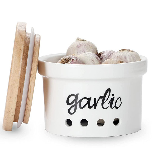 Garlic Keeper with Wooden Lid, Ceramic Garlic Saver Container for Countertop, Farmhouse Kitchen Decor