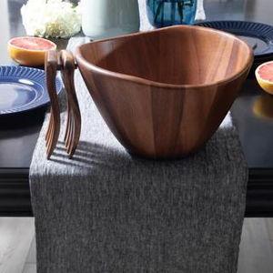 Lipper Acacia Wave Serving Bowl with Salad Hands