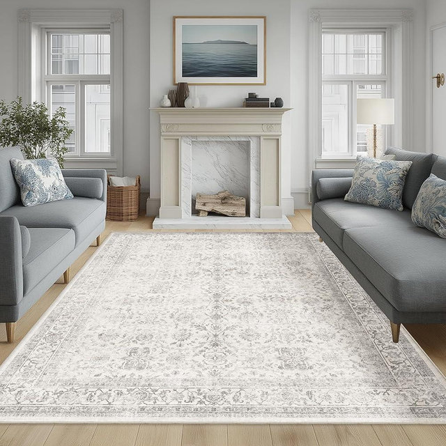 FMFUNCTEX 8x10 Washable Area Rug Grey Vintage Neutral Distressed Large Non Slip Carpet for Living Room Bedroom Soft Low Pile Indoor Mat Retro Floral Throw Rug for Dining Room Kitchen Office Nursery