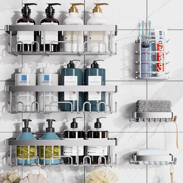 Veken Adhesive Shower Caddy 6-Pack,Heavy Weight Bearing,Large Wall Mounted Shower Shelves Rack,Organizer Storage Accessories with Soap Dish&Toothbrush Holder,Ideal for Bathroom,Home&Kitchen,Silver