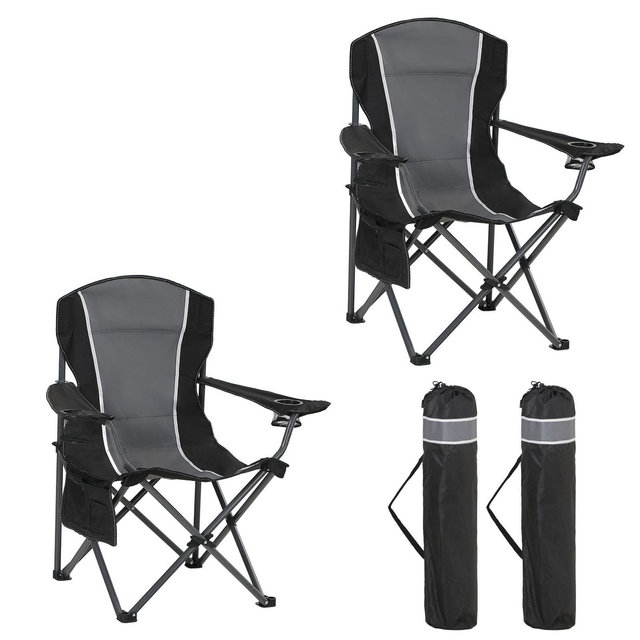 Captiva Designs Oversized Folding Camping Chair, Heavy-Duty Steel Frame, 350 lb Capacity, Portable with Cup Holders Black 2PC