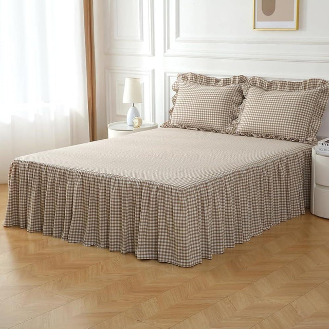 Silnuo Taupe/White Plaid Bed Skirt Washed Cotton Shabby Gingham Checkered Dust Ruffle King Size 14" Bedding(1 Bed Skirt Only)