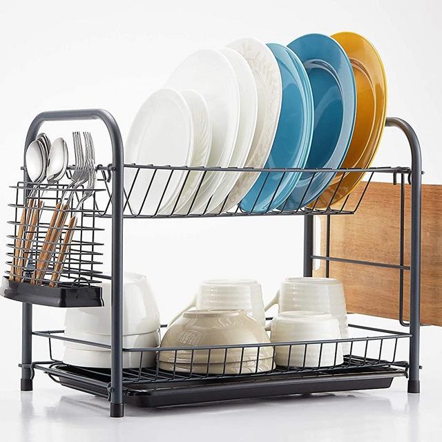 NATUROUS Dish Rack, 2 Tier Dish Drying Rack Kitchen Organizer with Drain Board, Utensil Holder, Cutting Board Holder, Gray