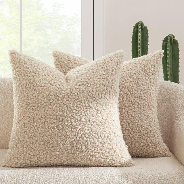 MIULEE Pack of 2 Faux Fur Throw Pillow Covers 18x18 Inch Neutral Oatmeal Boucle Decorative Sherpa Pillow Covers Fuzzy Accent Soft Sheepskin Fleece for Boho Home Decor Sofa Living Room Couch Bed
