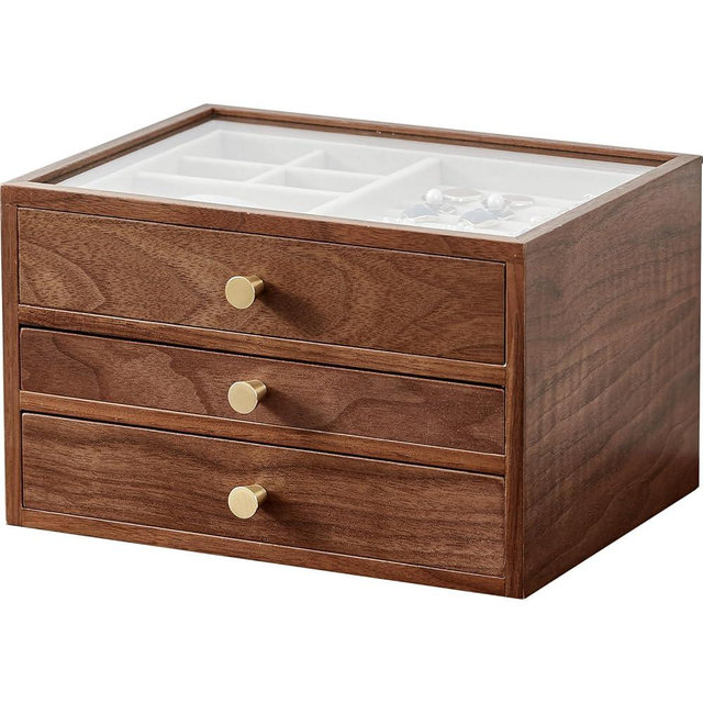 CHOSIN Black Walnut Wooden Jewelry Box for Women, 3-Layer Wood Jewelry Organizer with Glass Lid for Watches, Necklaces, Rings & Earrings Storage Christmas Gifts