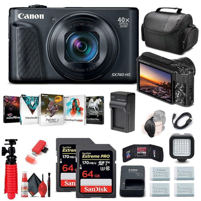 Canon PowerShot SX740 HS Digital Camera (Black) (2955C001) + 2 x 64GB Memory Card + 3 x NB13L Battery + Corel Photo Software + Charger + Card Reader + LED Light + Soft Bag + More