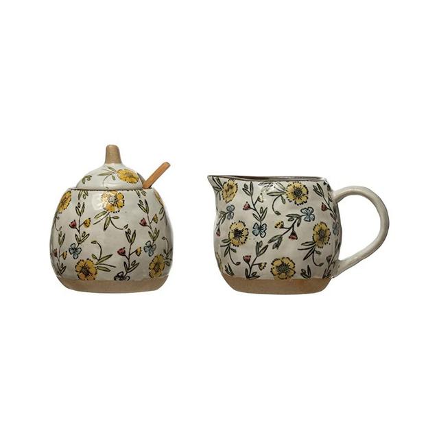 Creative Co-Op Hand-Painted Spoon and Lid, Stoneware Creamer, Set of 3 Sugar Pot, 9" L x 4" W x 4" H, Multicolor