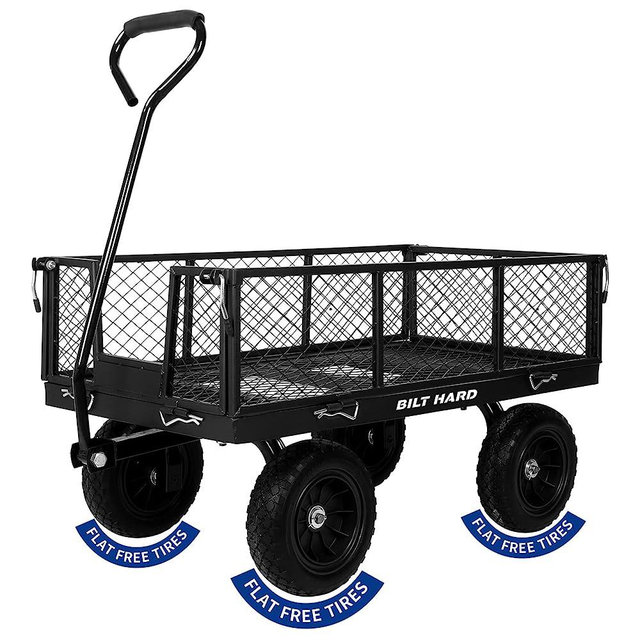 BILT HARD 880 lbs 10" Flat Free Tires Steel Garden Cart with 180° Rotating Handle and Removable Sides, 4 Cu.Ft Capacity Heavy Duty Garden Carts and Wagons