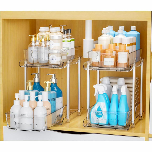 Yieach 2 Pack 2 Tier Bathroom Under Sink Organizer With Track,12.8 Inch Tall Under Cabinet Organizer,Clear Undersink Pull Out organizer for Kitchen,Vanity,Counter,Vanity,Medicine,Makeup,Hair Products