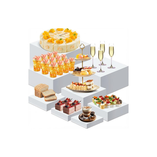 8Pcs Buffet Risers Food Risers Table Display Stand Shelf for Party Catering Dessert Collectibles Acrylic Cube Boxes Display with Hollow Bottoms White