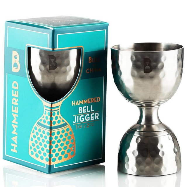 Hammered Bell Jigger by Bull In China - Premium Stainless Steel with 0.25oz to 2oz Measures for Cocktails, Bars & Bartenders