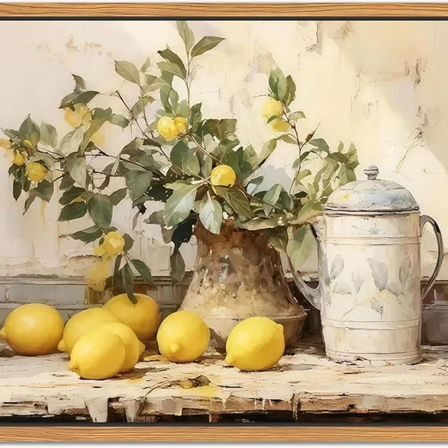 Framed Lemon Kitchen Wall Art, Vintage Rustic Farmhouse Fruit Still Life Canvas Prints, Yellow Lemons Green Leaves Painting Pictures for Dining Room Coffee Bar Home Decor 12x16 Inch Floating Frame