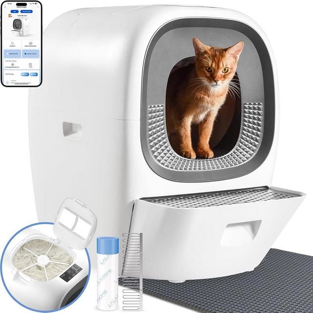 LALAHOME Self Cleaning Cat Litter Box Auto Refill, Automatic Cat Litter Box Multiple Cats, Odor Removal/App Control/Integrated Safety/Anti-Pinch Rake Scoop, Large Smart Kitty Litter Box with Bag & Mat