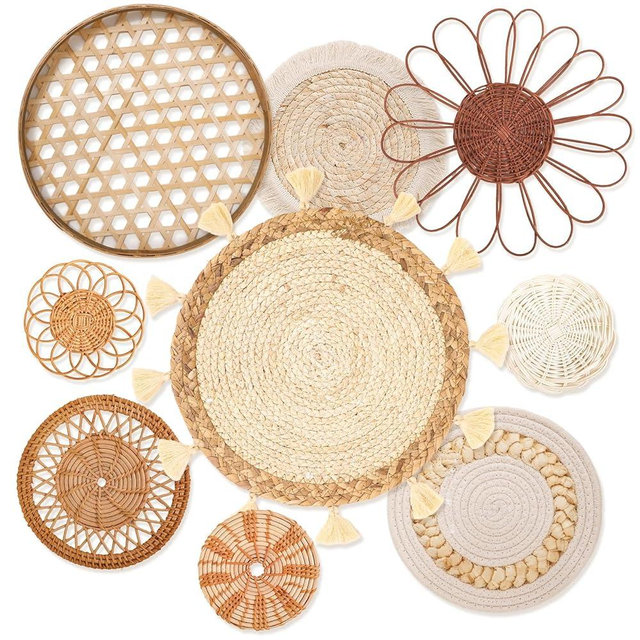 Teiyamsy 9 Pcs Boho Wall Basket Decor Handmade Woven Wicker Basket Wall Decor Round Farmhouse Hanging Wall Art for Rustic Home Living Room Kitchen Bedroom(Serene)