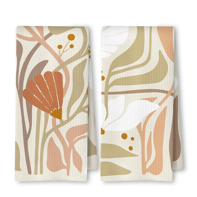 ArtisaEura Abstract Boho Beige and White Floral Kitchen Towels Set of 2, 70s Retro Groovy Botanical Dish Tea Towels for Kitchen Decor, Mid Century Modern Hand Towels for Bathroom Decor, 16x24 Inch