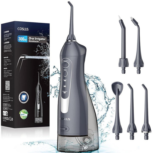 COSLUS Water Dental Flosser Teeth Pick: Portable Cordless Oral Irrigator 300ML Rechargeable Travel Irrigation Cleaner IPX7 Waterproof Electric Flossing Machine for Teeth Cleaning F5020E Grey