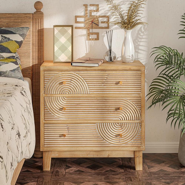 COZAYH 3-Drawer Farmhouse Dresser with Handicraft Wood Ring Motif, Fully Assembled Nightstand Wooden Finish for Boho, Mid-Century, Natural Wood, Rustic Style