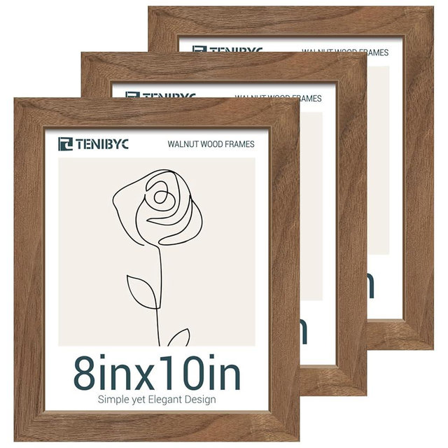TENIBYC 8x10 Walnut Picture Frame with HD Glass - 3pk, Natural Solid Wood Picture Poster Frame, Wall Gallery Frame