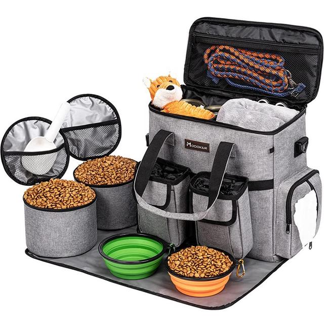 Airline Approved Dog Travel Bag with 2 Dog Treat Training Pouches, Dog Tote Organizer for Weekend Pet Travel Supplies & Accessories, 2 Collapsible Dog Bowls, 2 Travel Dog Food Container (Grey)