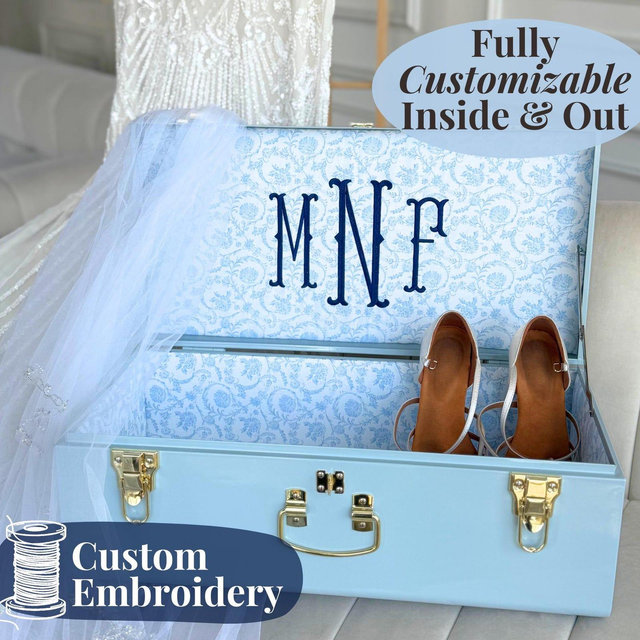 Bride Keepsake Trunk for Bride to Be Wedding Day Something Blue with Last Name Gift for Daughter Heirloom Wedding Memory Box for Anniversary