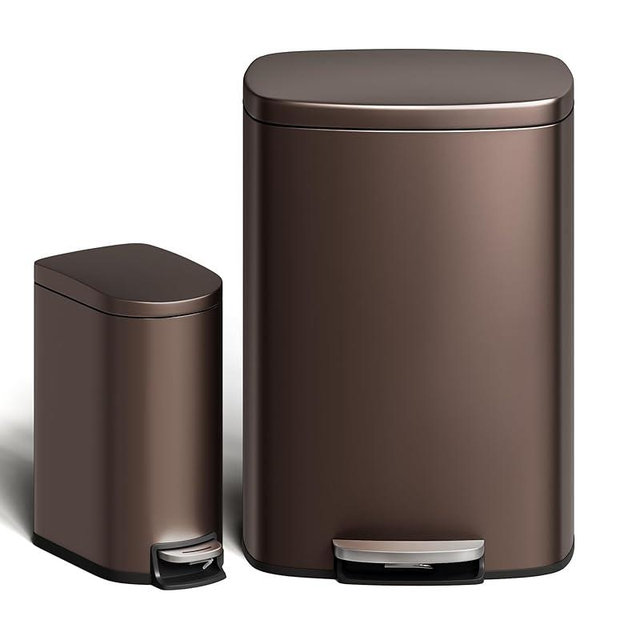 FinerFurnis 13.2 gal & 2.6 gal Trash Can Combo Set, Stainless Steel Garbage Bin with Removable Inner Bucket, Rectangle Step Trash Can with Soft-Close Lid for Kitchen, Bathroom, Office, Brown