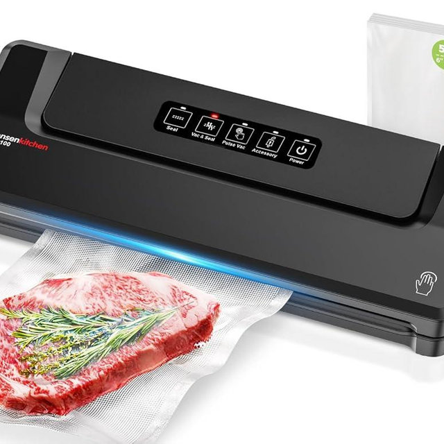 [Updated 2025] Bonsenkitchen Vacuum Sealer Machine + 5 Vacuum Bags, Fast-Compact/Multi-Functional Food Vacuum Sealer with External Vacuum System, Black