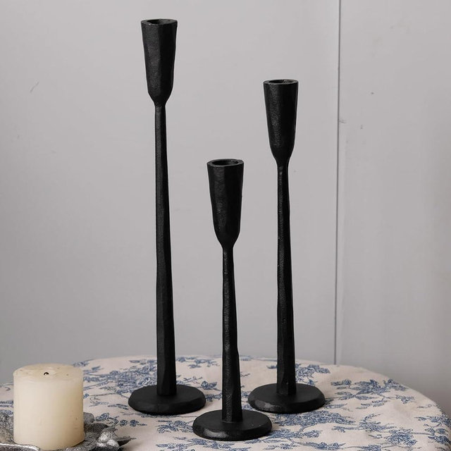 Ganwu Black Iron Taper Candle Holder Set of 3, Heavy Wrought Iron Candlestick Holders Decorative Candle Stand, Vintage Candle Holder for Wedding, Dining, Home Decoration